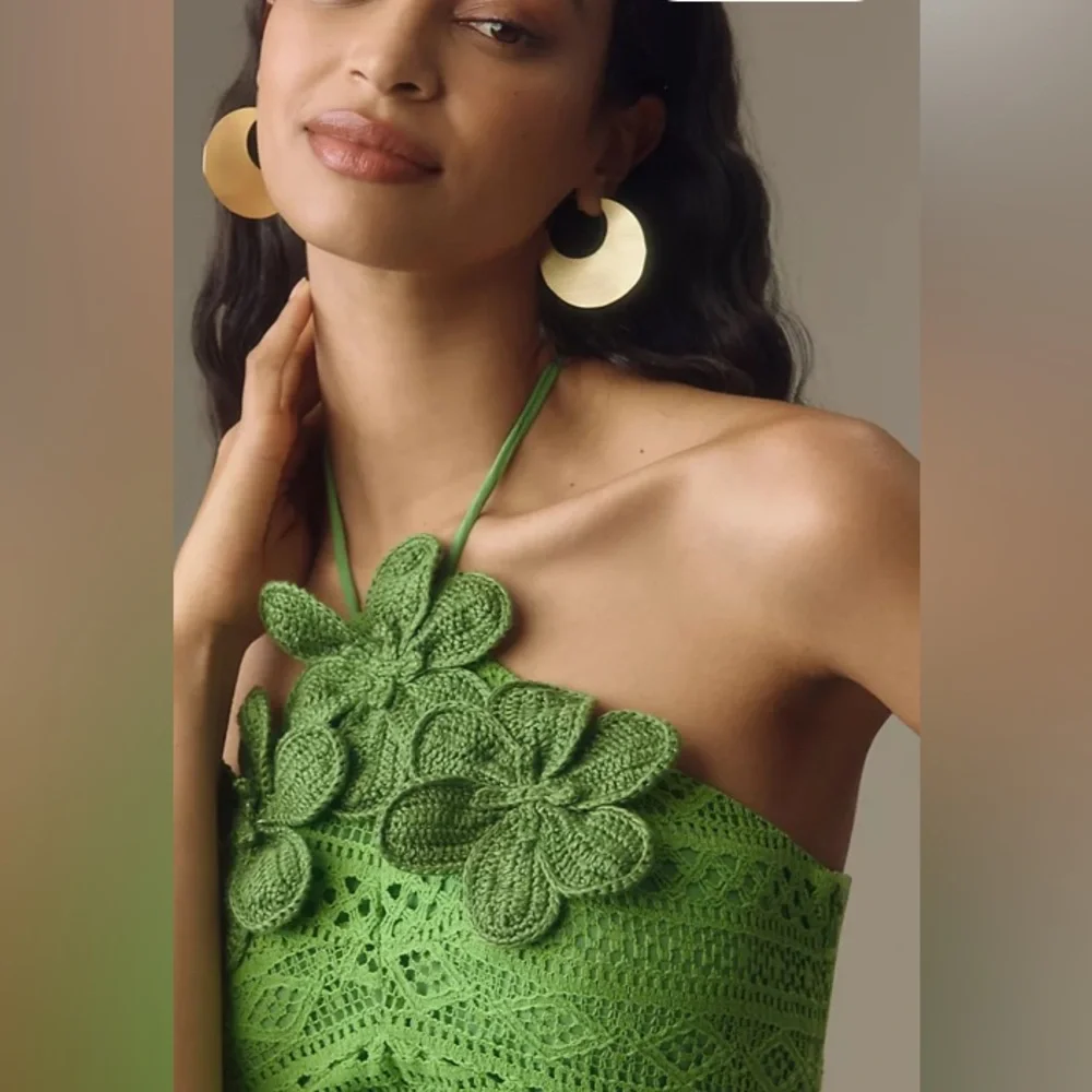 Farm Rio Halter Floral Ruffle Crochet Mini Dress - Picture 4 of 9